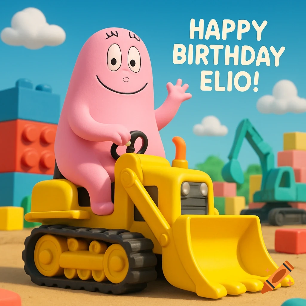 A smiling pink Barbapapa character drives a yellow toy bulldozer amidst colorful building blocks, with "HAPPY BIRTHDAY ELIO!" text.