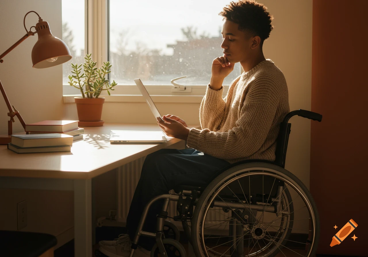 A young man in a wheelchair uses a laptop at a sunlit desk with books and a plant.