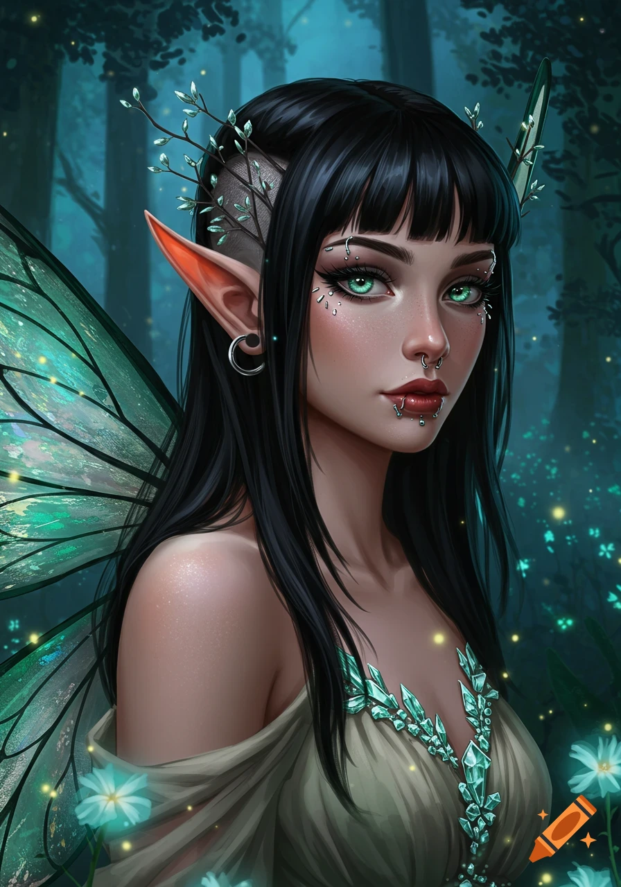 A detailed digital portrait of a fairy woman with black hair, green eyes, facial piercings, and iridescent emerald wings in a twilight forest.