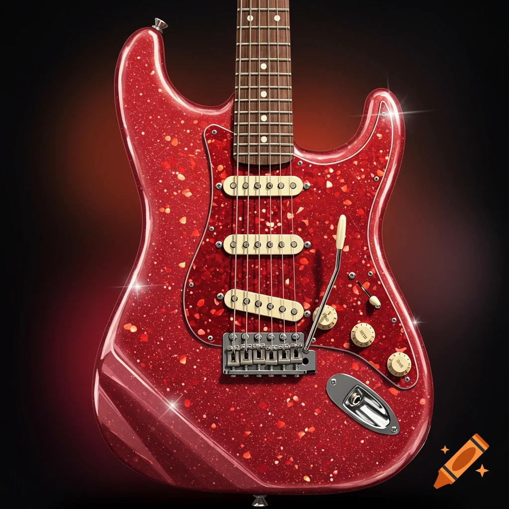 A photorealistic close-up of a sparkling candy apple red electric guitar with white pickups and a dark fretboard.