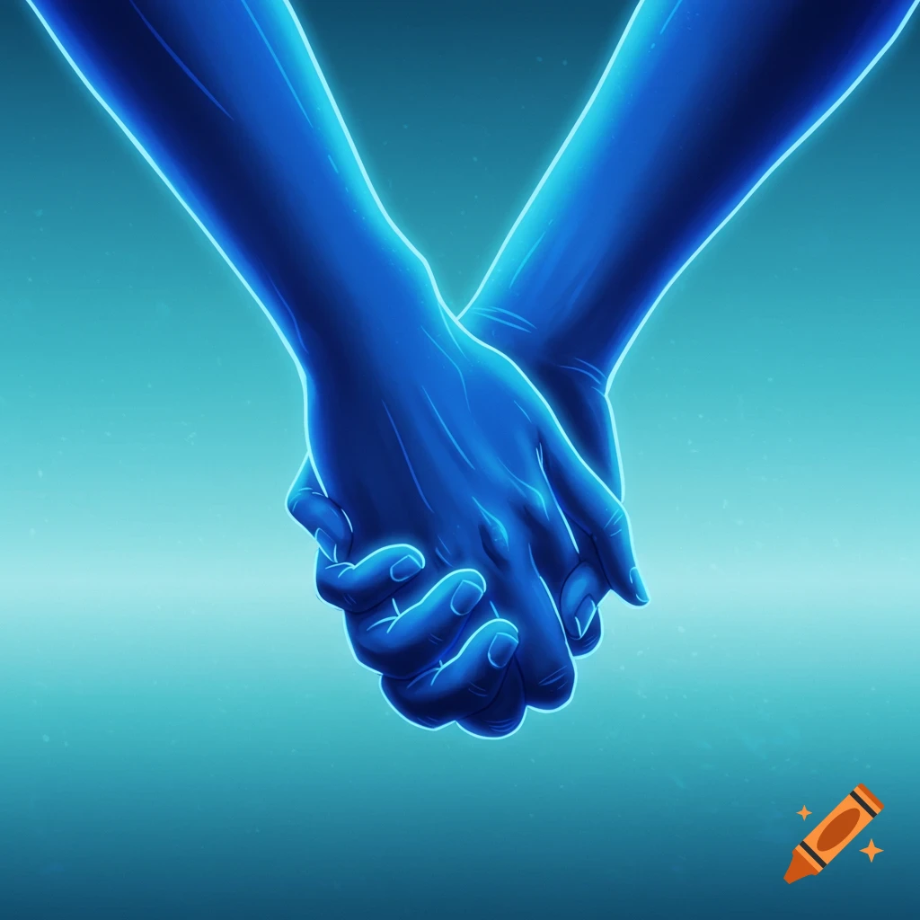 Two glowing blue stylized hands clasping together against a teal background.