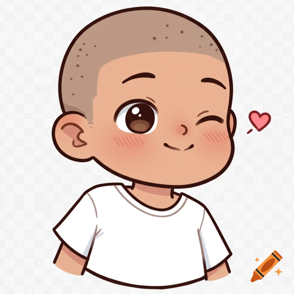 A cute cartoon child with a shaved head, large eyes, and tanned skin, winks while wearing a white t-shirt, with a heart icon nearby.