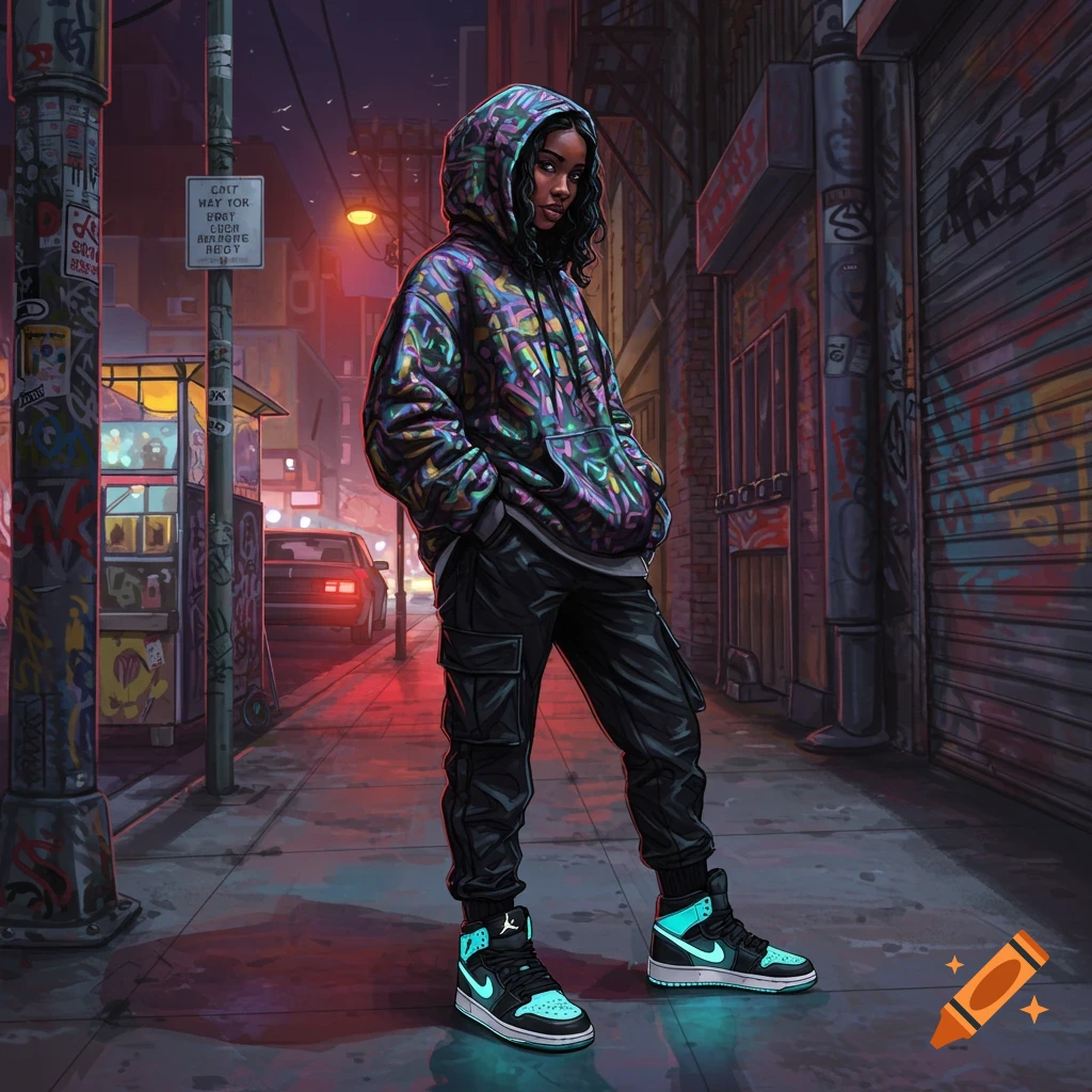 A person in a colorful graffiti-patterned hoodie, black cargo pants, and teal sneakers stands in a neon-lit urban alley at night.