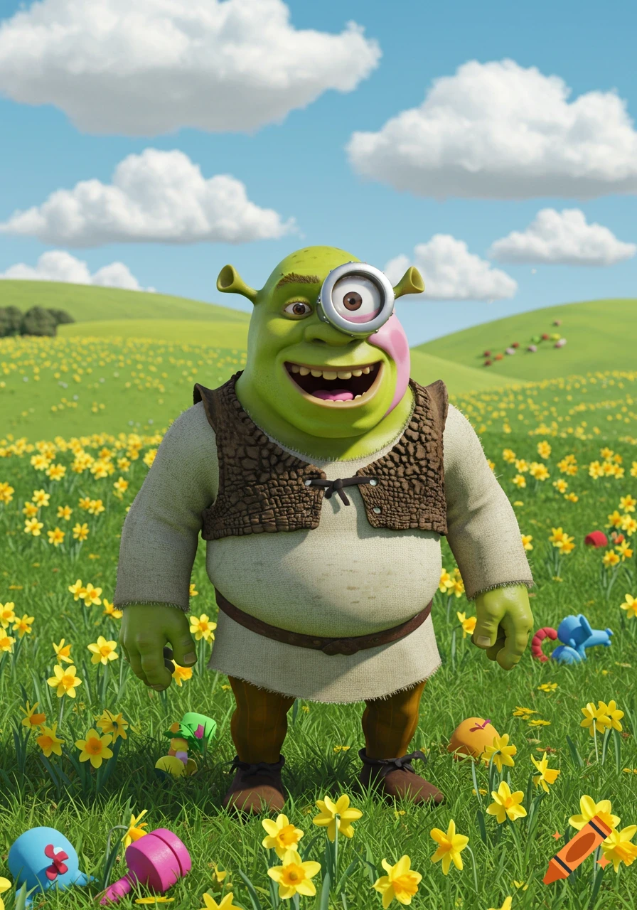 A cheerful Shrek character with a Minion's goggle and a pink cheek stands in a field of yellow flowers under a blue sky.