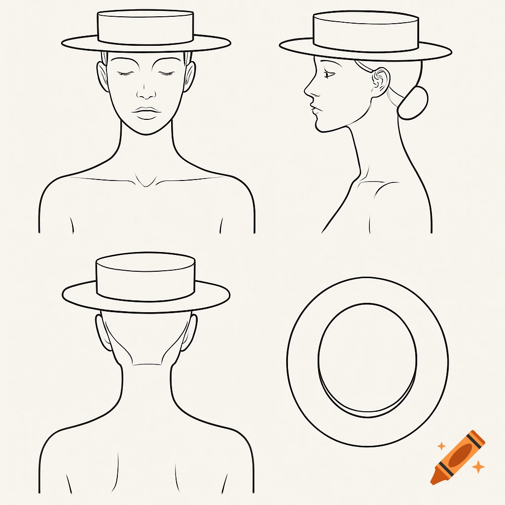 Line art fashion design template of a woman's bust wearing a boater hat, shown in front, side, back, and top views.