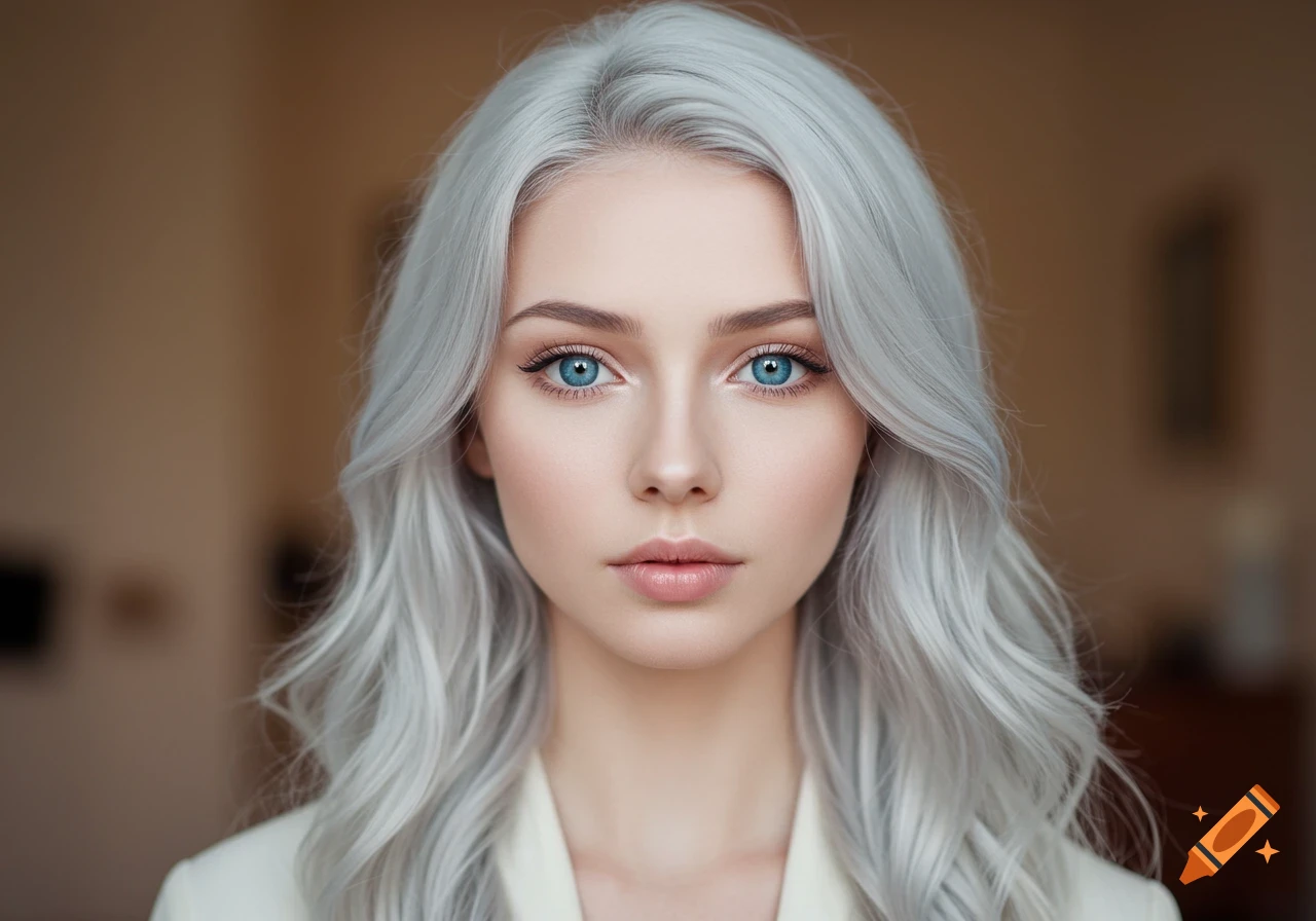 Close-up photorealistic portrait of a woman with long silver hair, bright blue eyes, and fair skin, looking directly forward.
