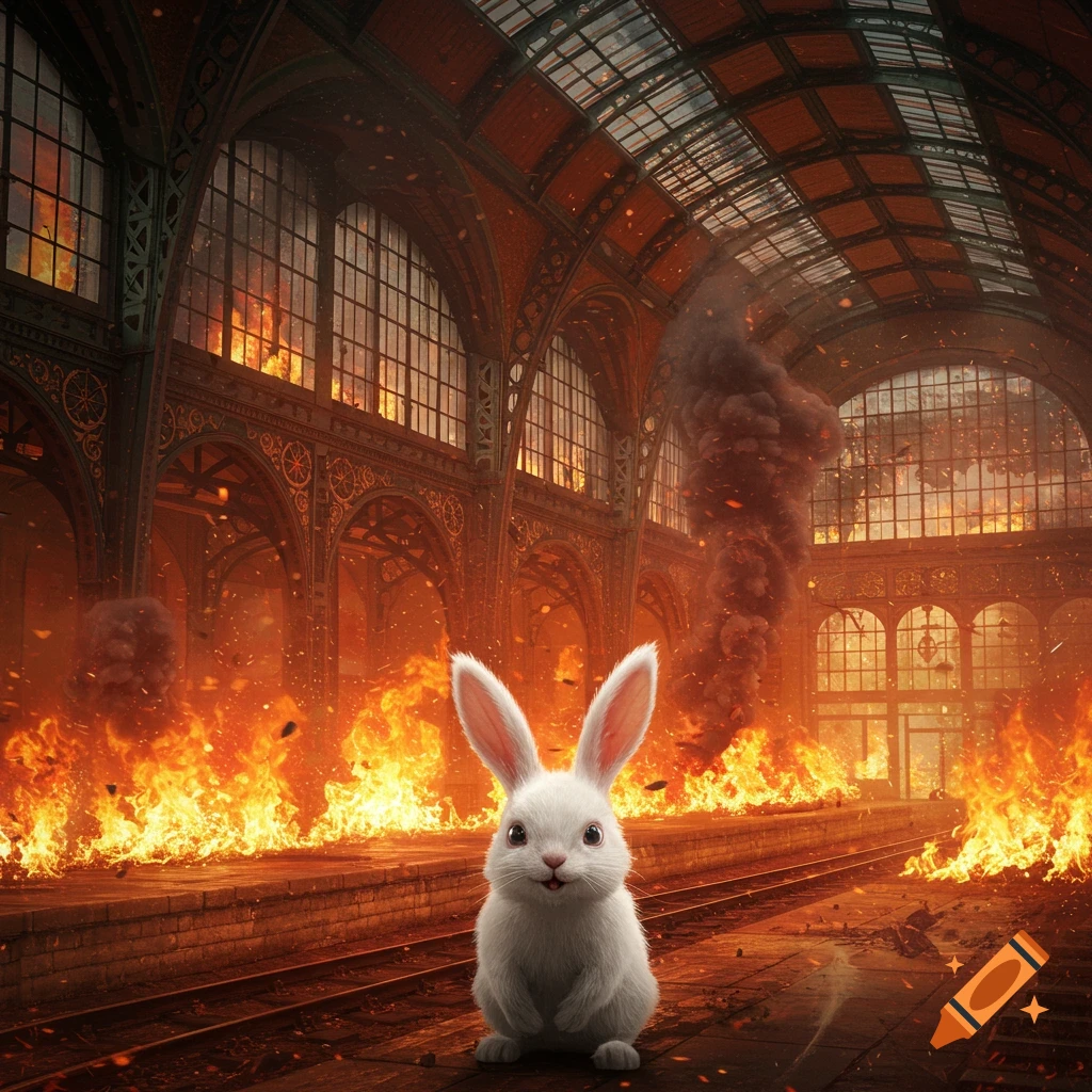 A fluffy white bunny sits on a train platform surrounded by roaring fires and smoke in a burning grand train station, digital art.
