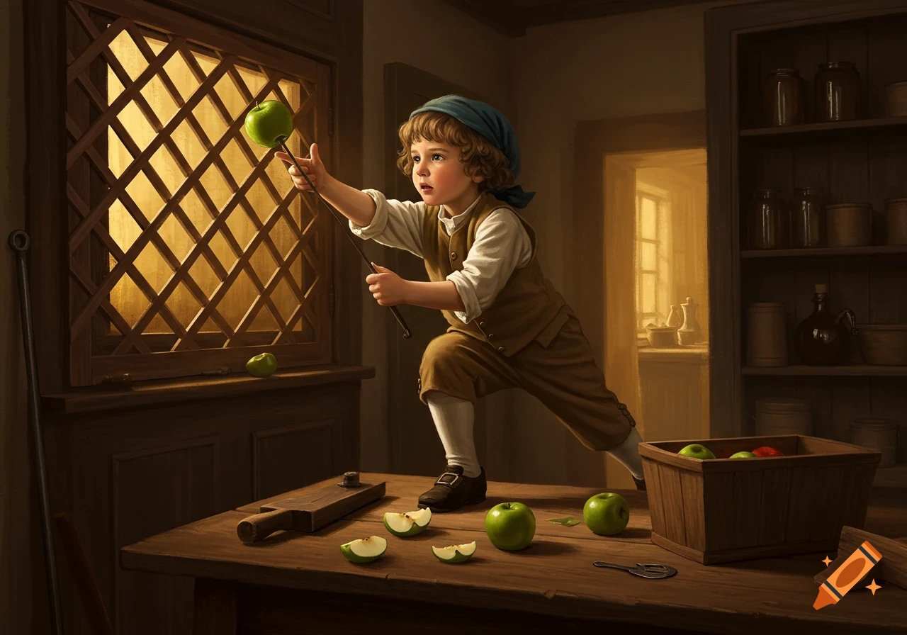 A young boy in 18th-century attire reaches for a green apple with a stick through a latticed window, inside a rustic room.