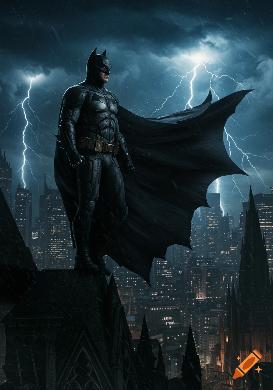 Batman on a gothic rooftop overlooking a stormy city with lightning strikes, rendered in a dramatic, realistic style.