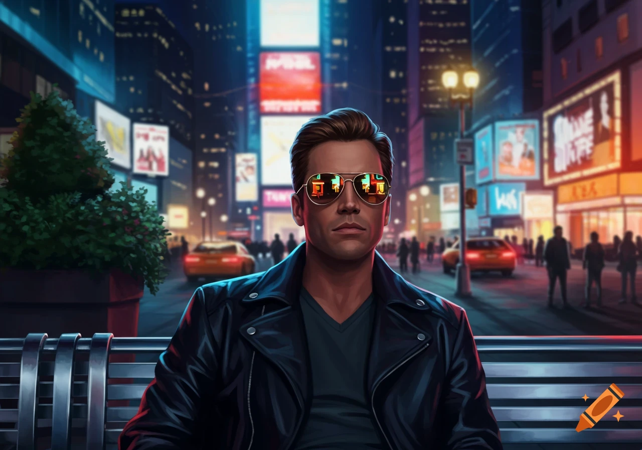 A man in a leather jacket and sunglasses sits on a bench in a neon-lit city at night, digital art style.
