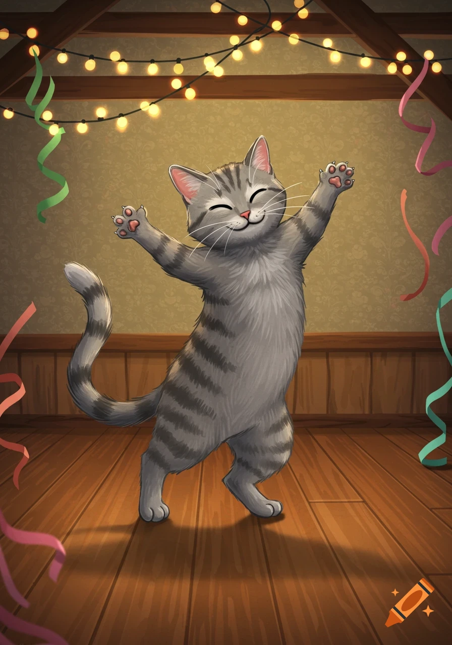 A happy cartoon gray tabby cat dances with arms raised on a wooden floor, surrounded by string lights and colorful streamers.