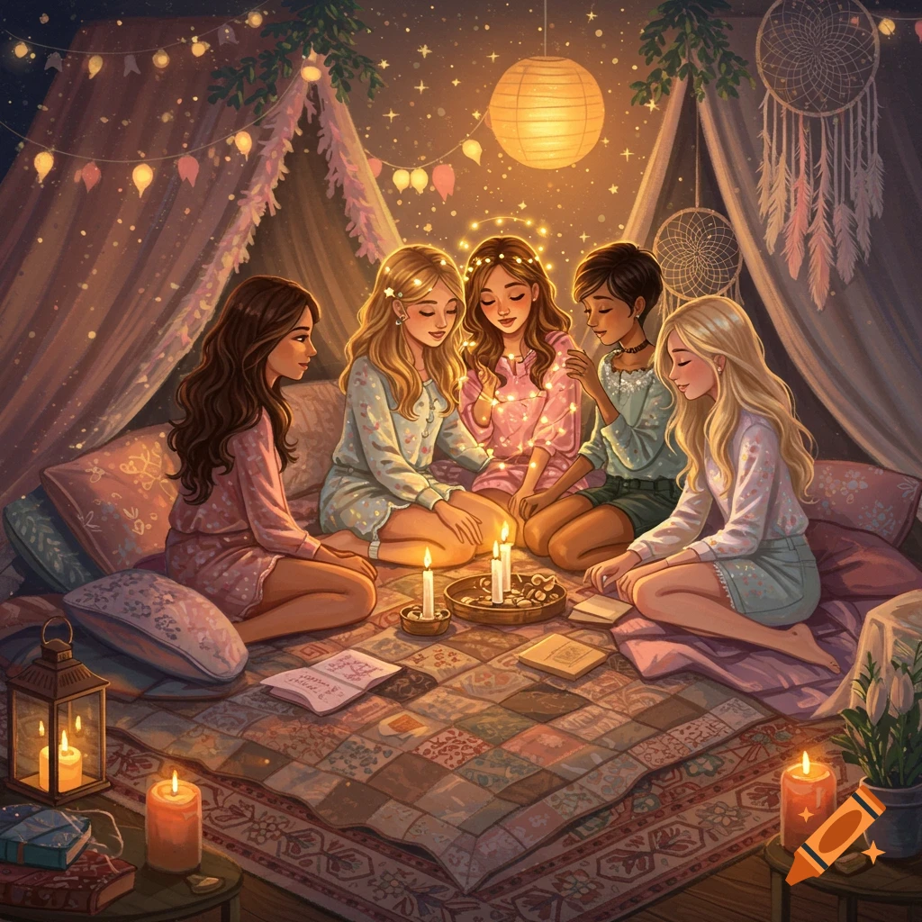Five young women sit on a patterned rug in a cozy, candlelit tent, surrounded by pillows, fairy lights, and dreamcatchers, having a sleepover.