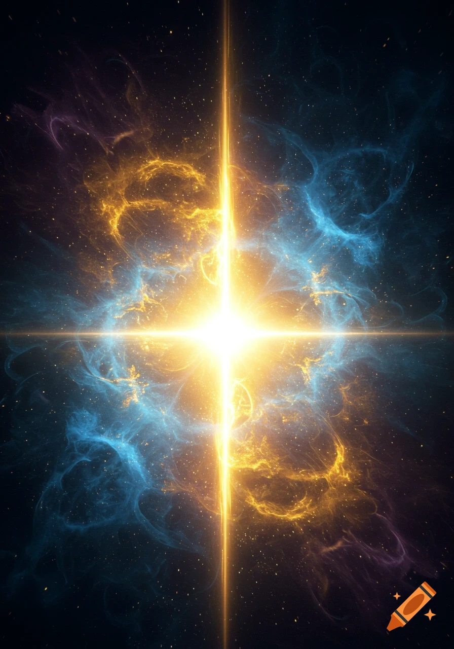 A brilliant star-like light with a cross flare bursts in the center, surrounded by blue and gold swirling nebulae in dark space.