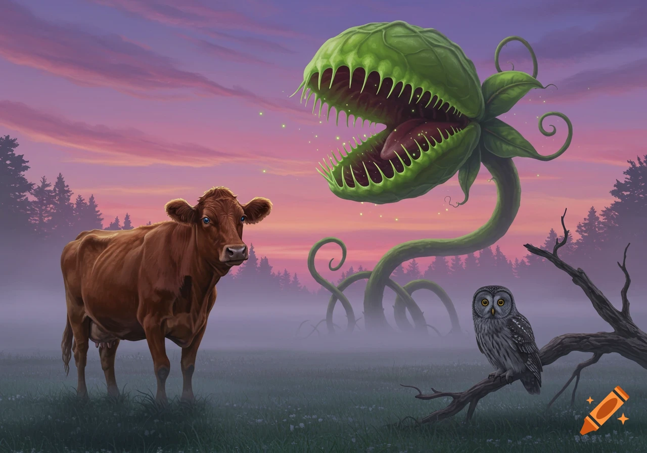 A brown cow and an owl gaze at a monstrous green venus flytrap in a misty field at sunset, illustration.