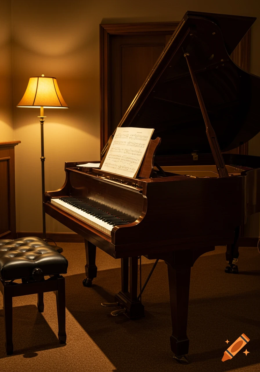 A photorealistic image of a grand piano with sheet music, a lamp, and a bench in a dimly lit room.