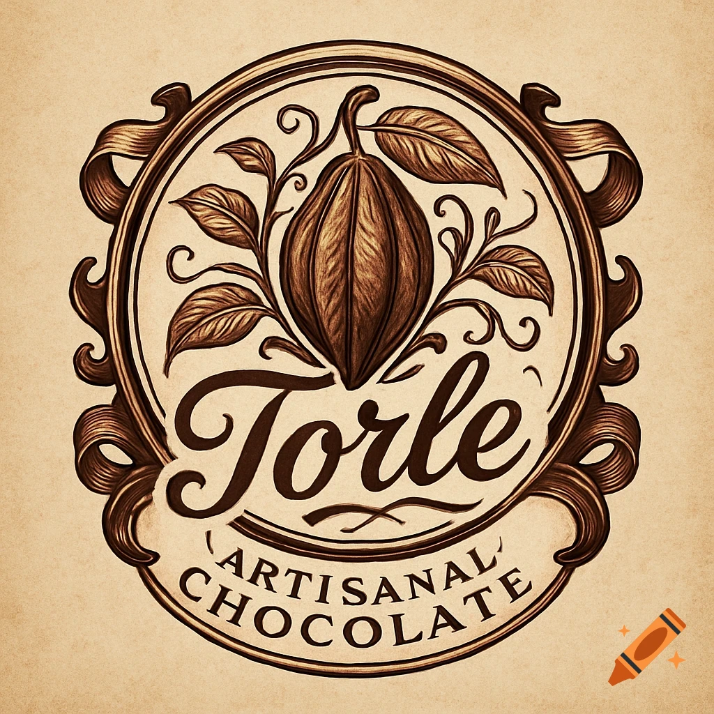 Vintage-style brown logo for Torle Artisanal Chocolate, featuring a cocoa pod and leaves within an ornate frame.