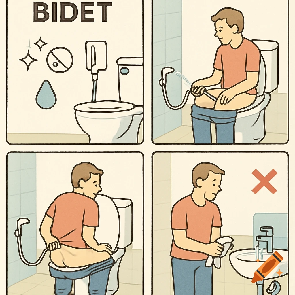 A four-panel comic illustrating how to properly use a bidet for personal hygiene in a bathroom.