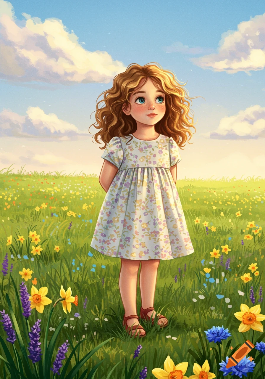 A sweet illustration of a little girl with curly hair and a floral dress, standing in a sunny field filled with colorful wildflowers.