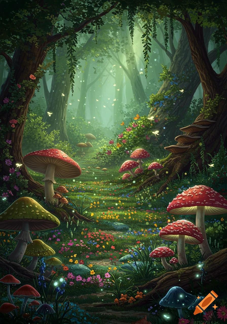 Vibrant fantasy forest illustration with large glowing mushrooms, tall trees, colorful wildflowers, and misty light.