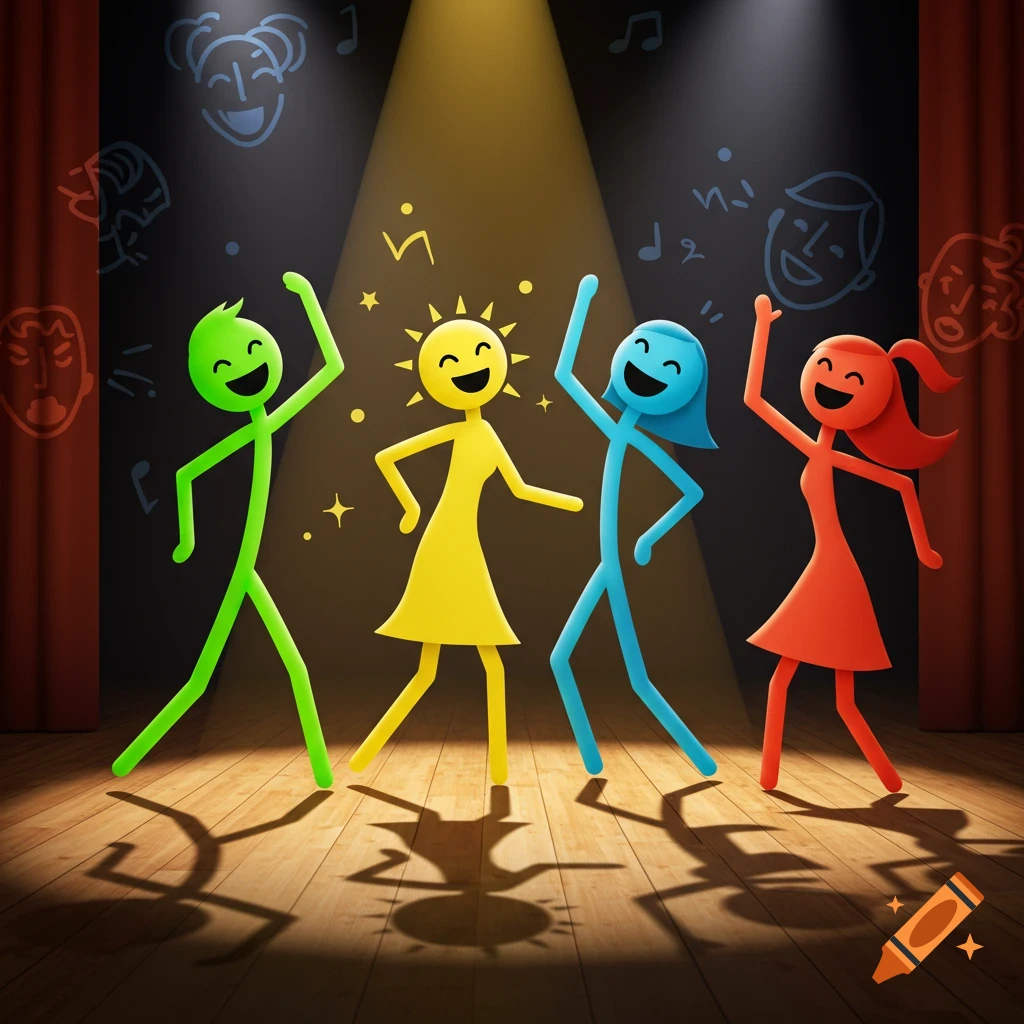 Four vibrant, colorful cartoon stick figures dance happily on a wooden stage under a spotlight, with doodles of faces and musical notes in the background.