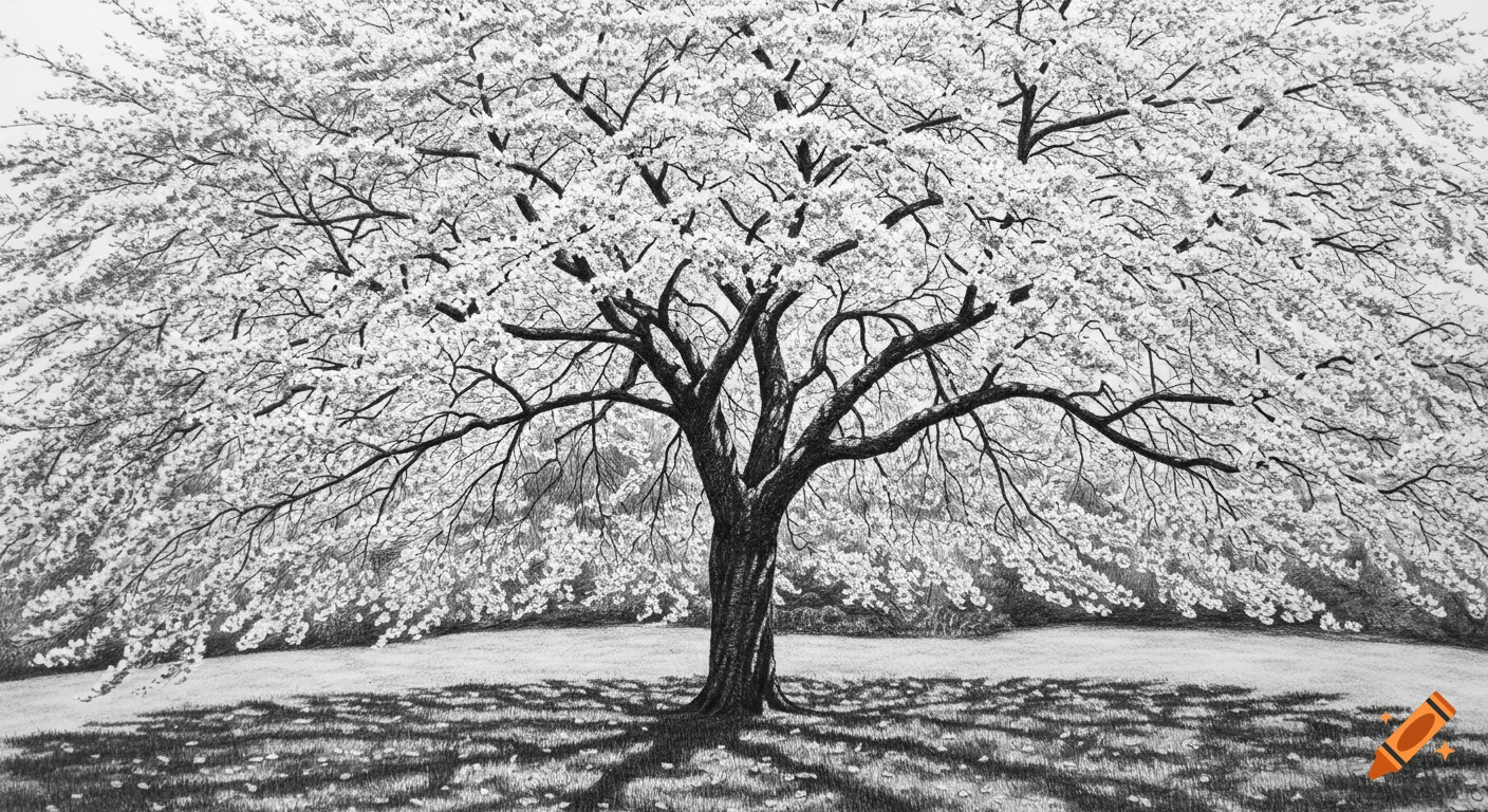 Highly detailed pencil drawing of a cherry blossom tree with wide branches and falling petals, casting shadows on the grass.