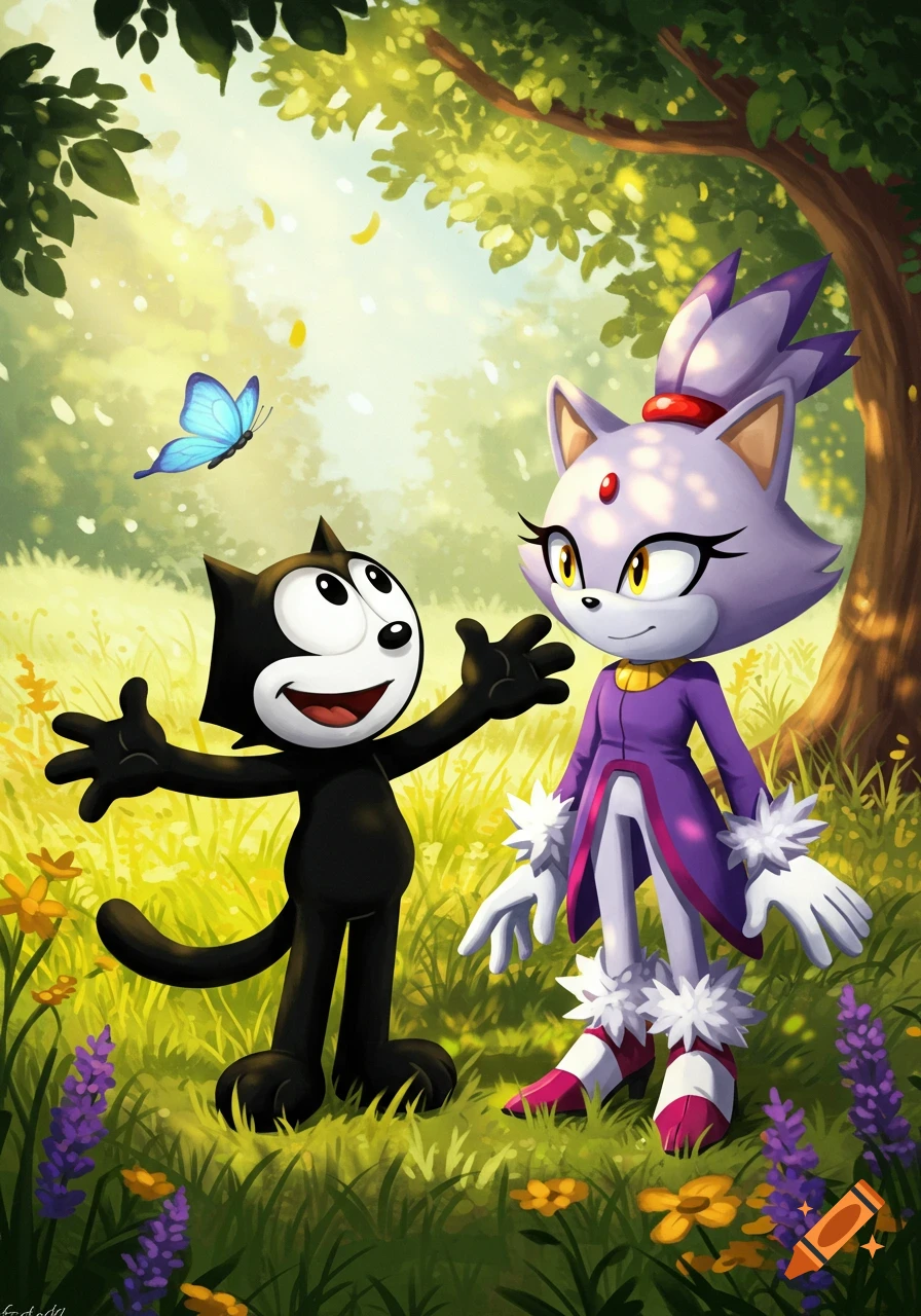 Felix the Cat and Blaze the Cat stand in a sunny, vibrant cartoon forest with a butterfly and colorful flowers.