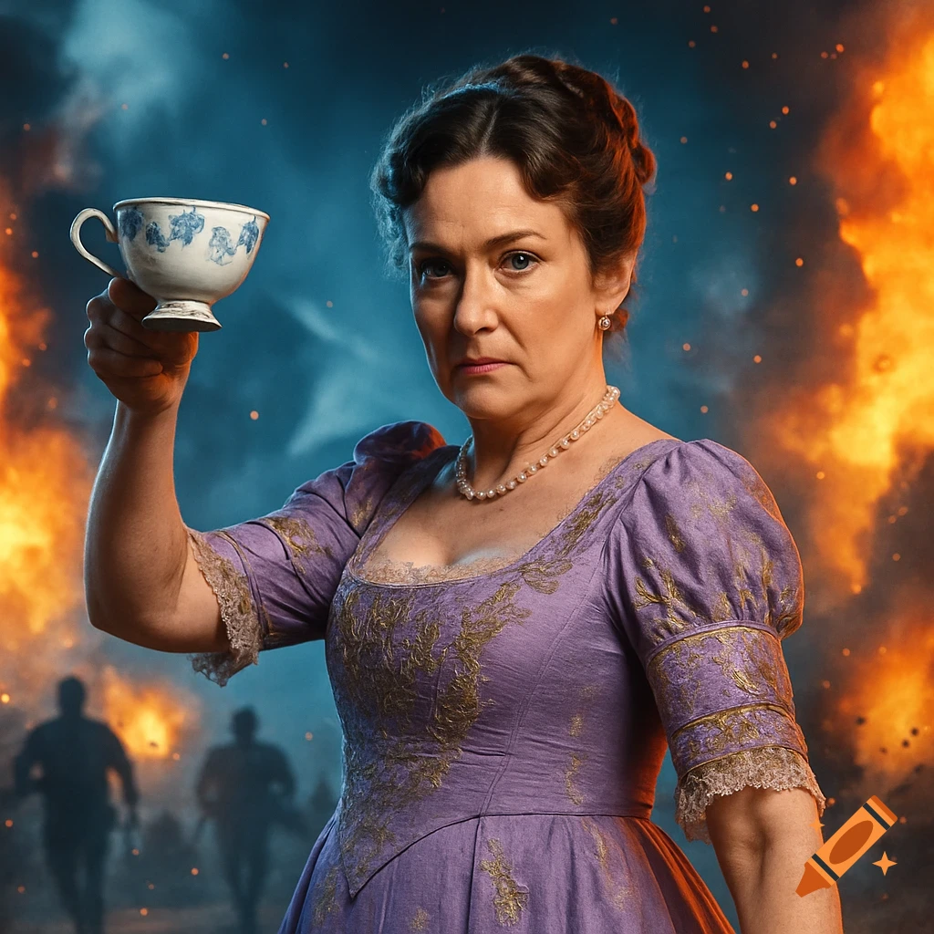 A stern woman in a purple period gown holds up a teacup against a dramatic background of fire and smoke with silhouetted figures.