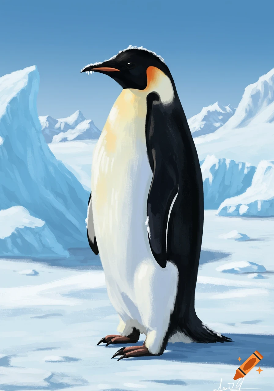 Digital painting of an emperor penguin standing on ice with a snowy, icy background.