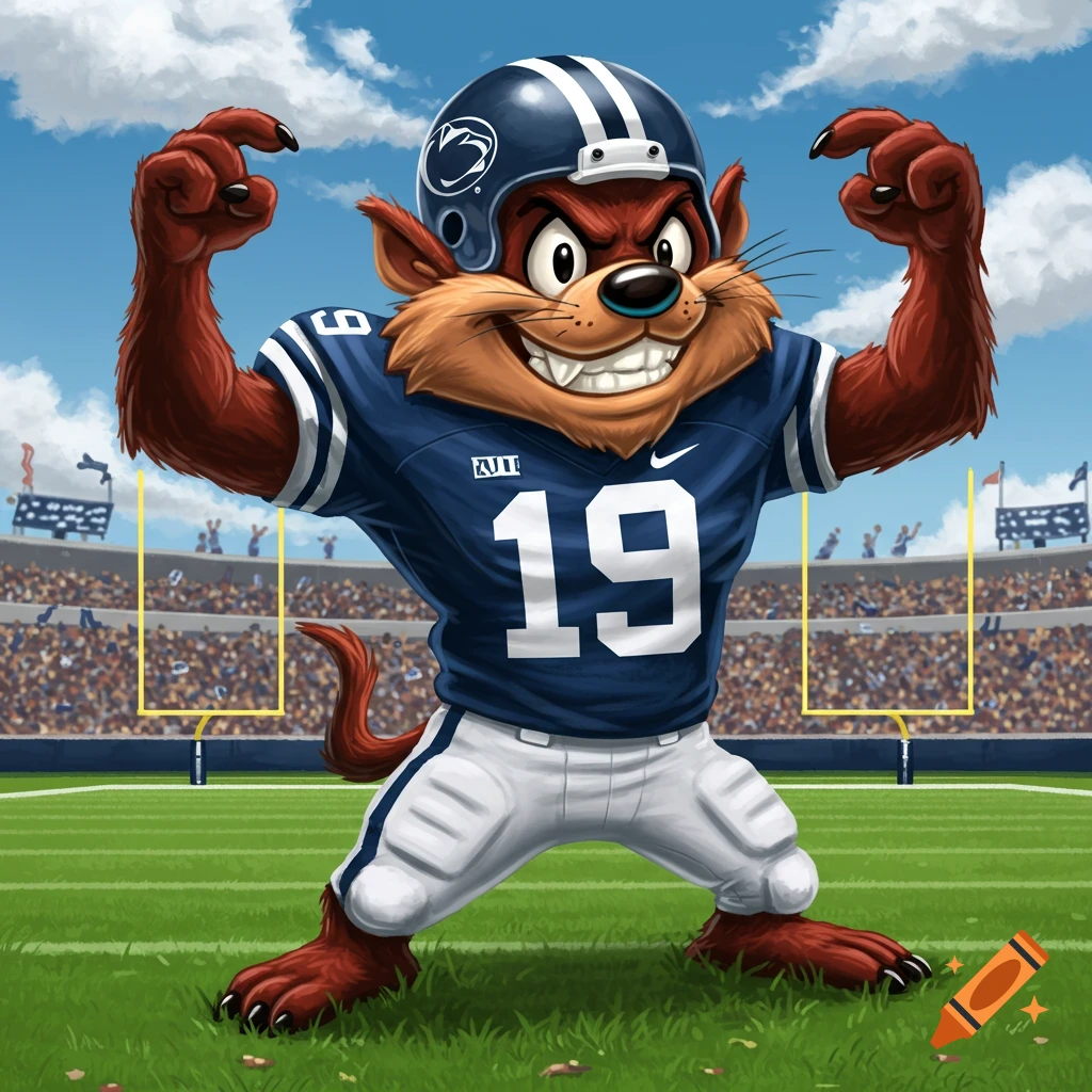 Cartoon Tasmanian Devil in a Penn State number 19 football uniform flexes on a stadium field.