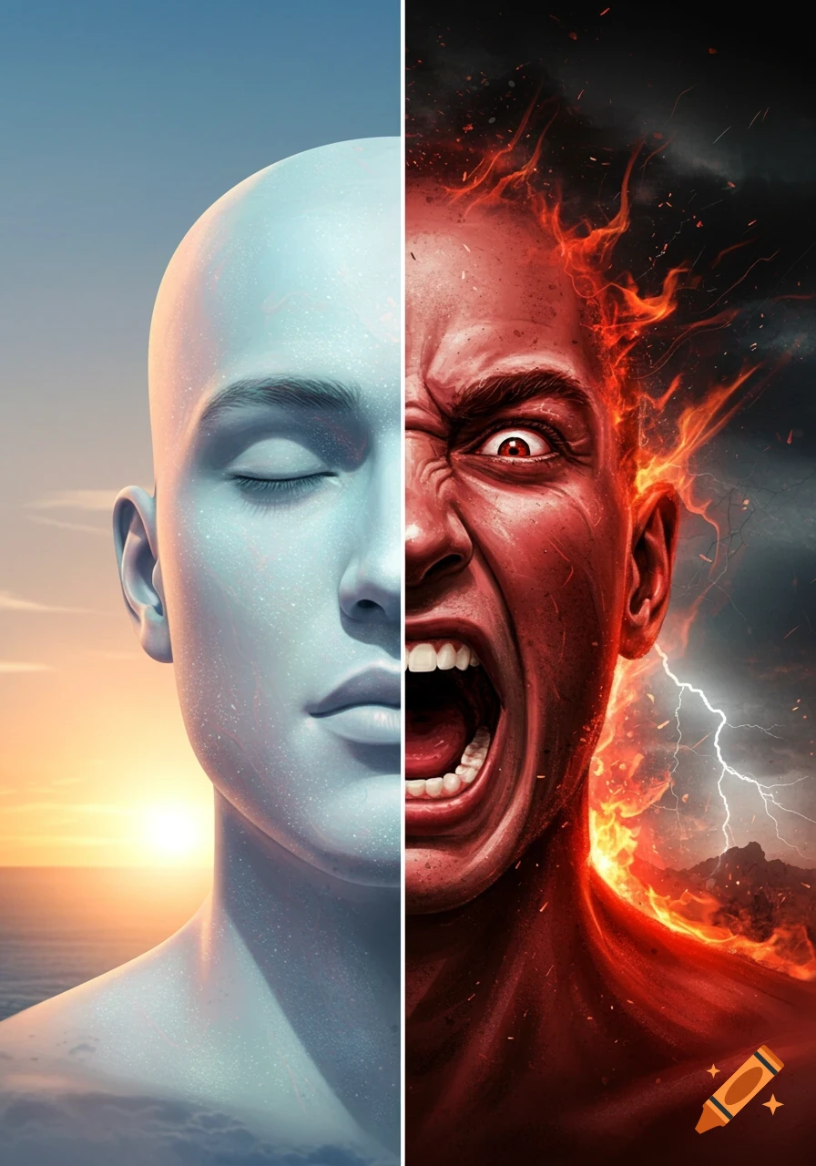 Split male face, left calm and blue against a clear sky, right raging and red with fire against a stormy sky.