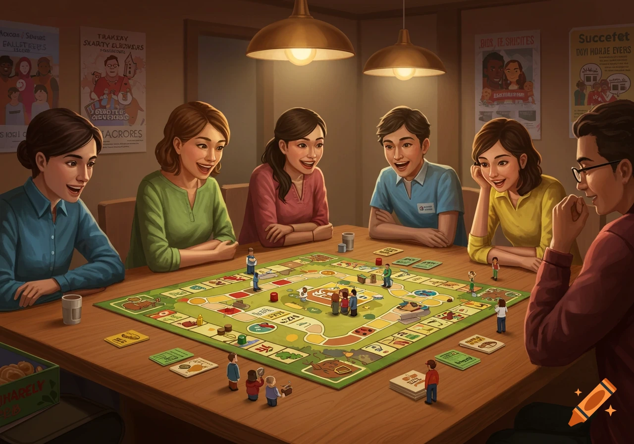 An illustration of six diverse people happily playing a colorful board game around a wooden table under warm lighting.