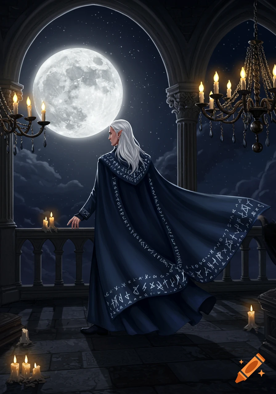 An elf-like figure in a dark blue rune-decorated cape stands on a gothic balcony under a full moon.