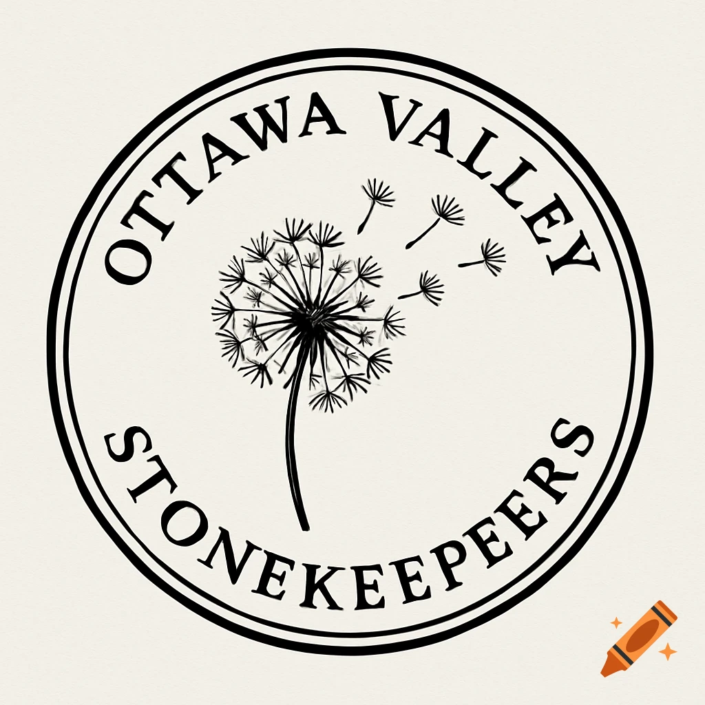 Black and white circular logo with a dandelion puff and blowing seeds, bordered by the text 'OTTAWA VALLEY STONEKEEPERS'.