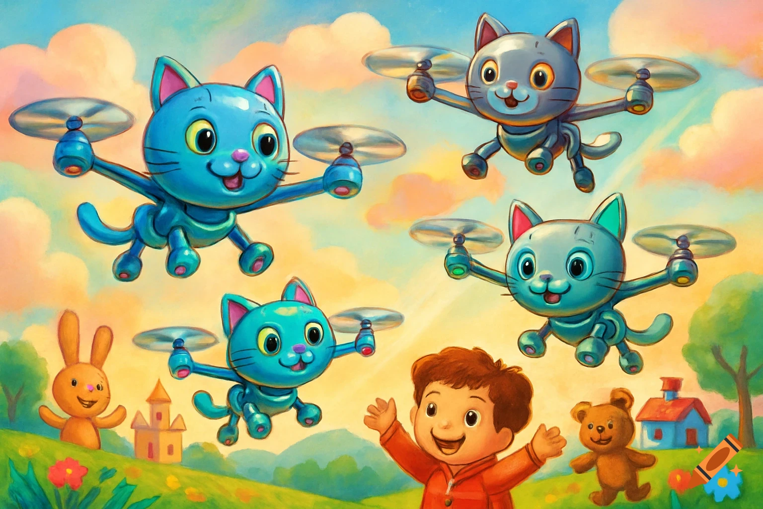Four colorful cartoon cat-drones fly above a happy child, rabbit, and bear in a vibrant, whimsical landscape.