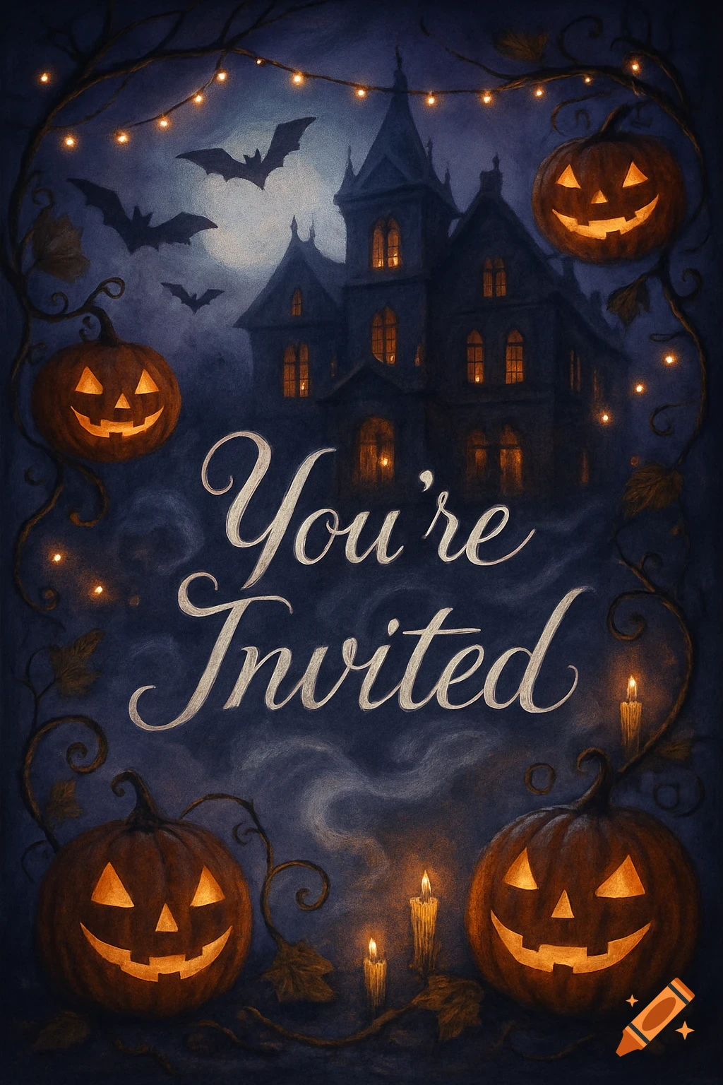 An illustrated Halloween invitation featuring a haunted house, jack-o'-lanterns, bats, and string lights, with the text 'You're Invited'.