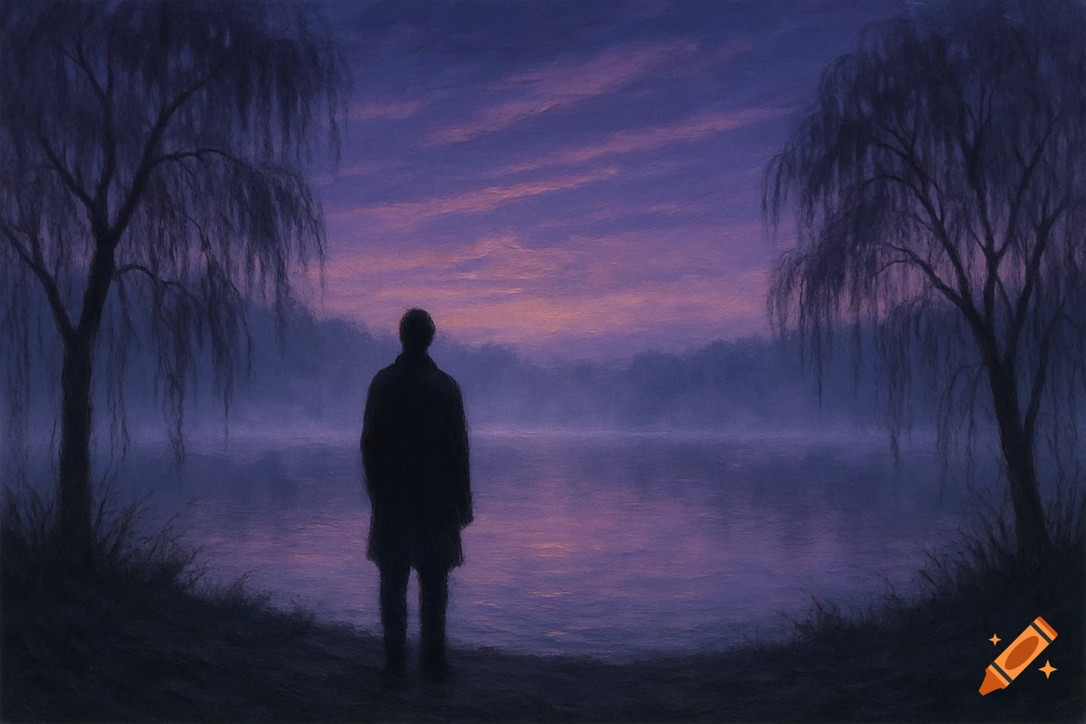 A lone figure stands in silhouette by a misty lake at sunset, flanked by willow trees. Purple and pink sky, painterly style.