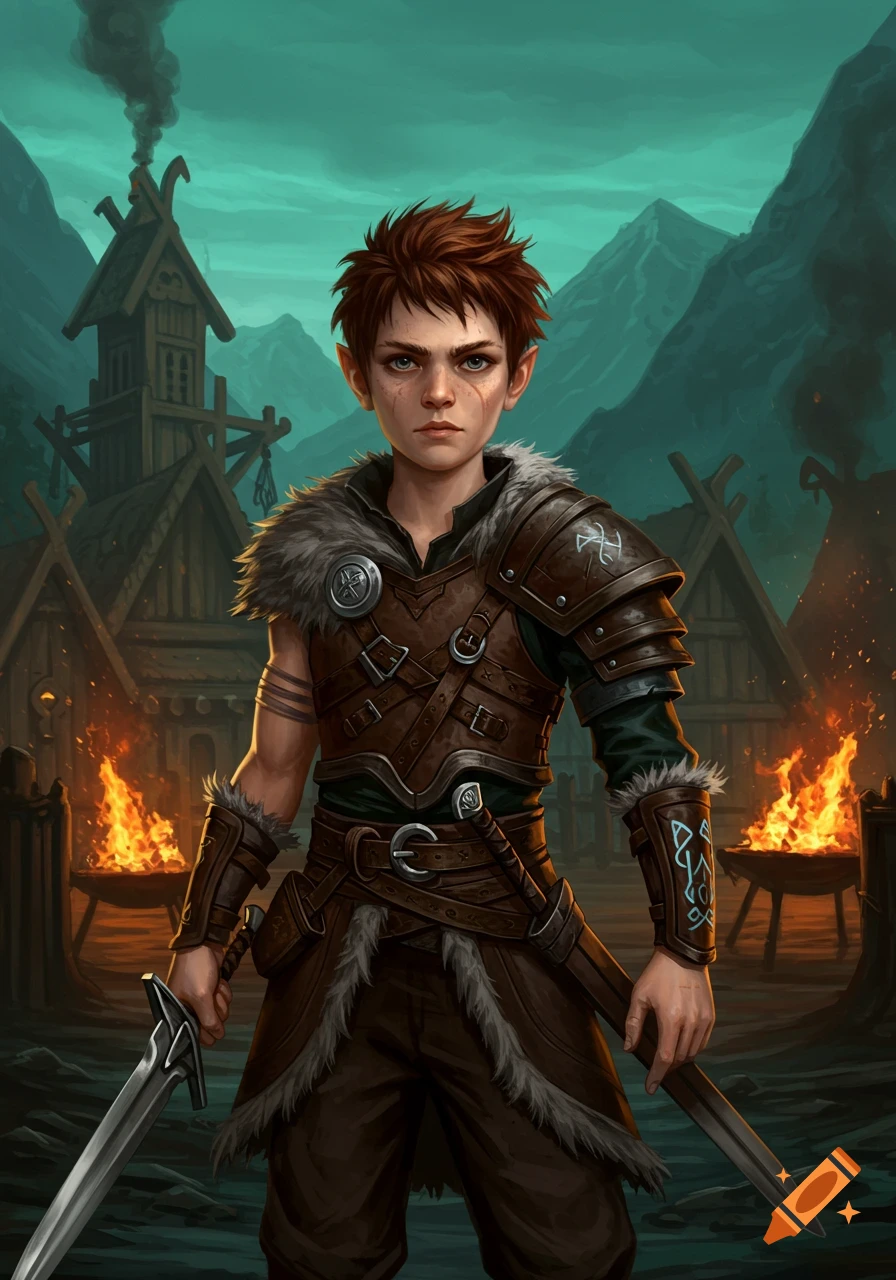 A stern elf boy in Viking leather and fur armor holds two swords in a fantasy village with mountains, digital art.