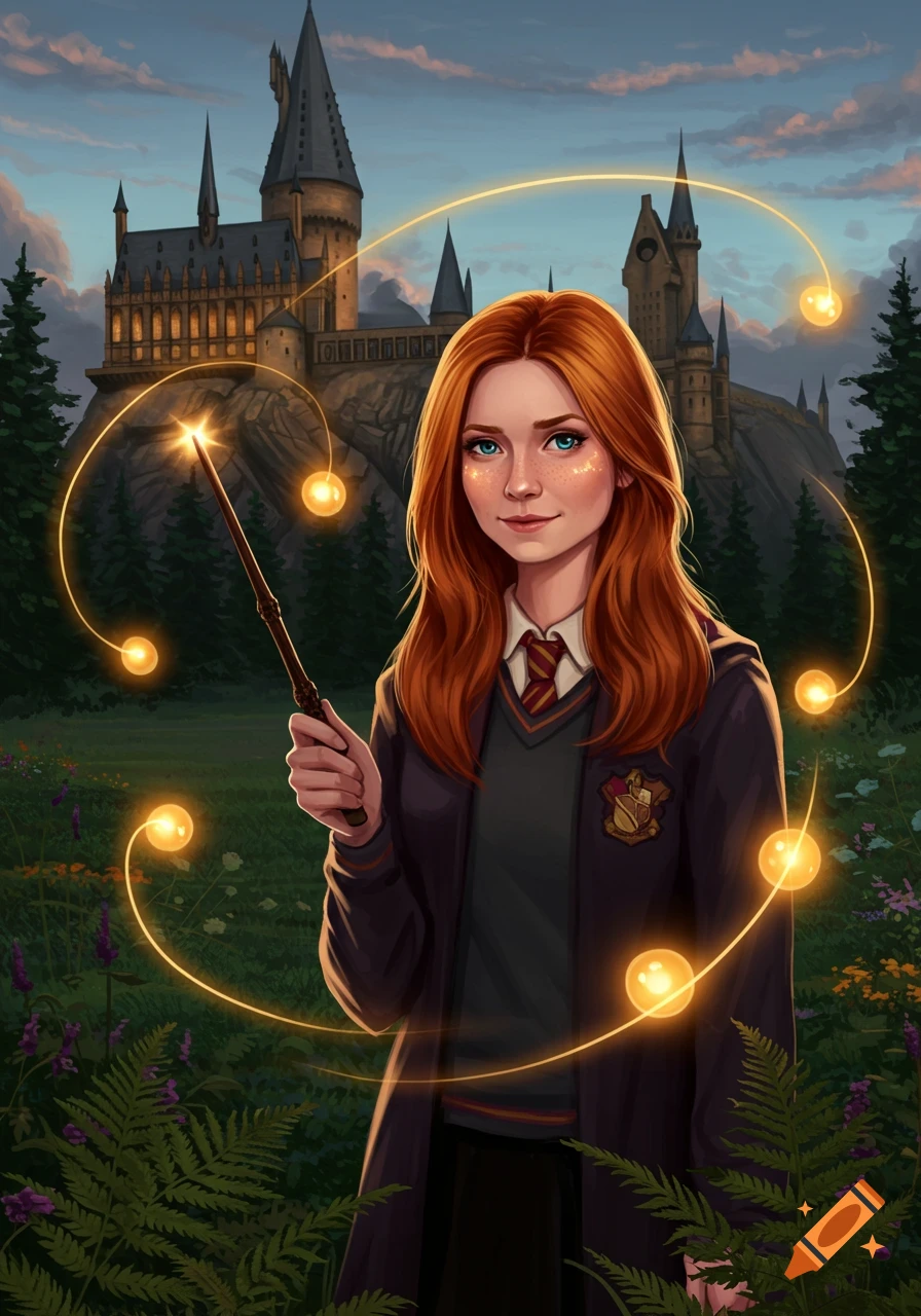 An illustrated portrait of Ginny Weasley holding a glowing wand, surrounded by golden orbs in a grassy field with Hogwarts castle in the background at sunset.