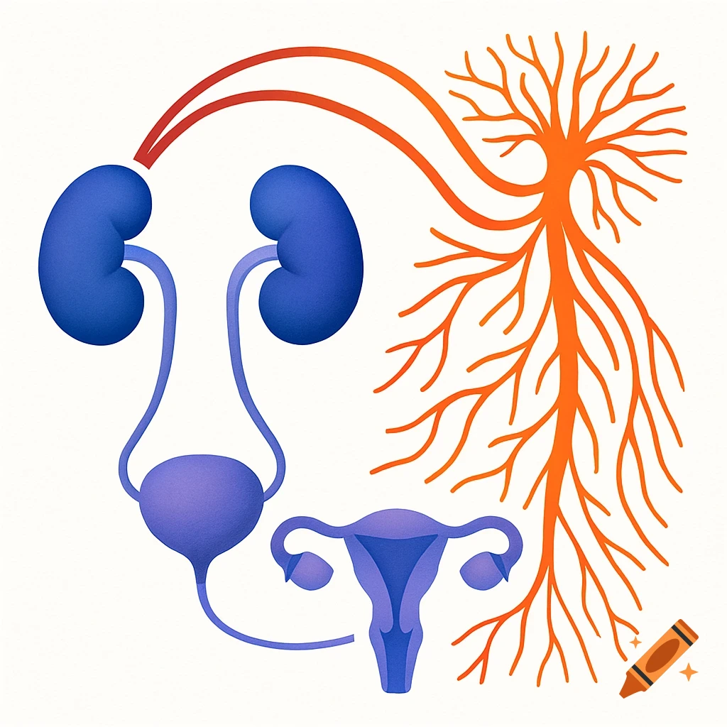 A simple stylized illustration showing the urogenital system (kidneys, bladder, uterus) connected to an orange nervous system.