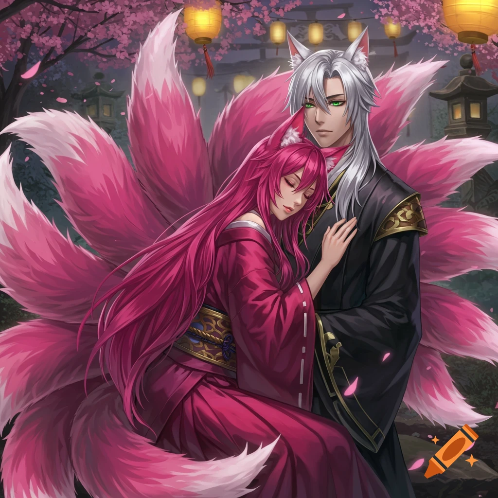An anime kitsune couple, a woman with magenta hair and tails embraces a white-haired man, under cherry blossoms and lanterns at night.