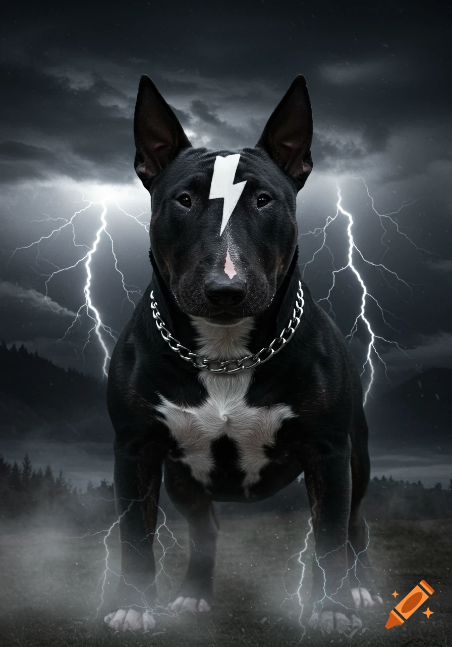 A black Bull Terrier dog with a white lightning bolt on its head and a chain collar stands in a stormy landscape with lightning.
