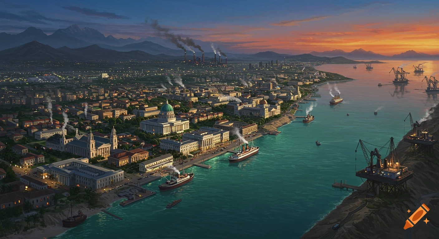 High-angle view of a bustling colonial-era city and port with ships and industrial elements at sunset, mountains in background.