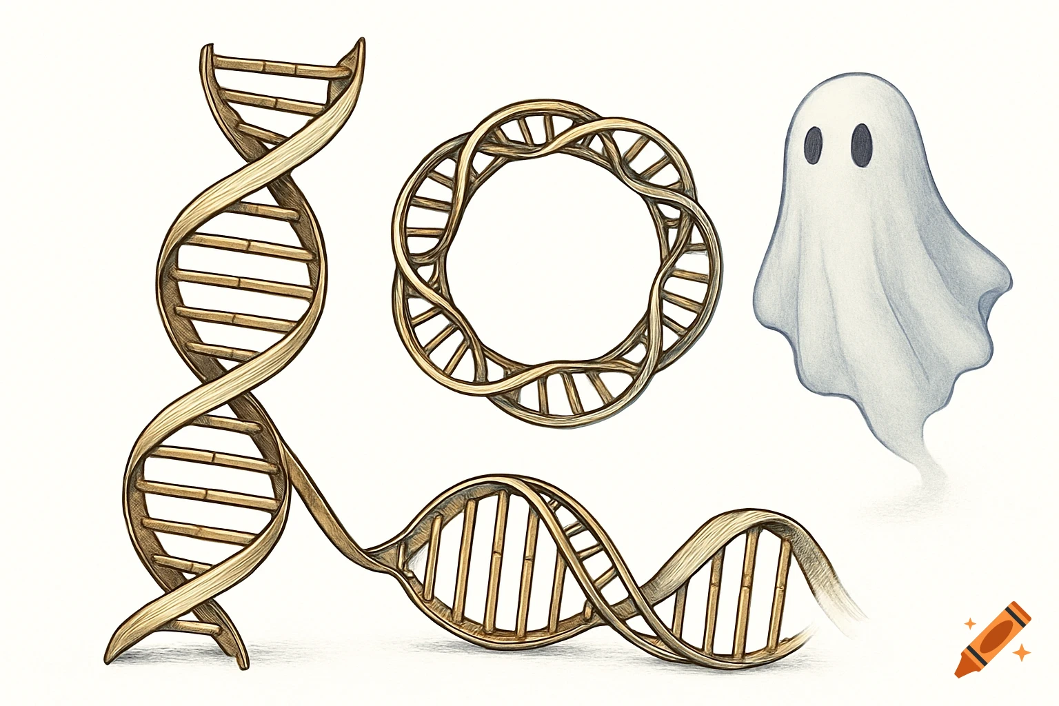 An illustration of a partial DNA helix, a circular DNA molecule, and a small ghost on a white background.