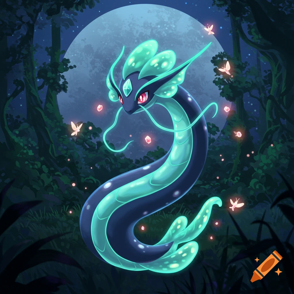 A glowing, teal and dark blue dragon-like Pokémon with pink eyes hovers in a moonlit forest, surrounded by fireflies and pink crystals, digital art.