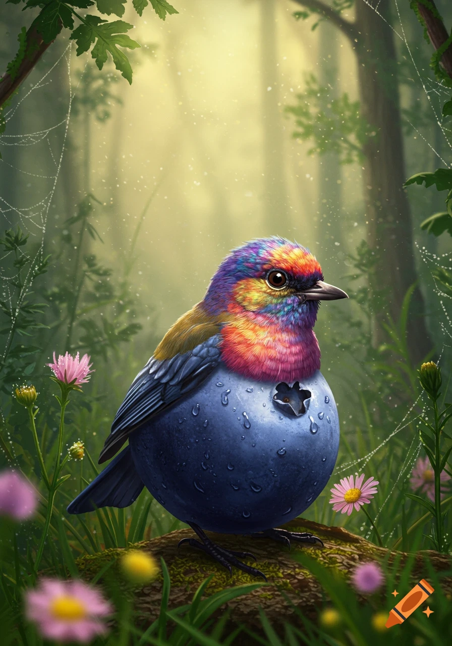 A vibrant bird with a blueberry for a body stands on moss in a lush, sun-dappled forest, surrounded by delicate flowers and dewy spiderwebs.