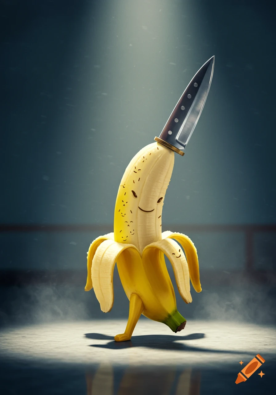 A stylized, peeled yellow banana with a smiley face, walking with a knife stuck in its top.