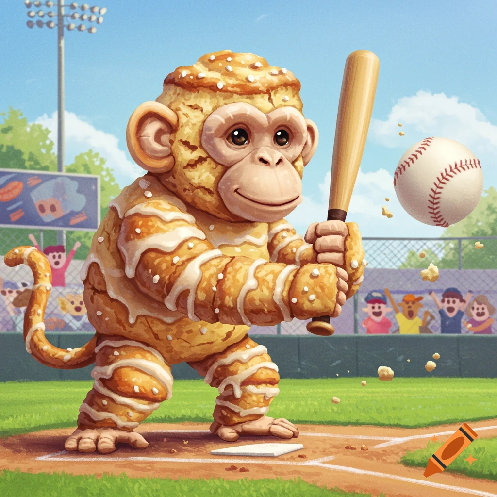 A scone monkey, covered in icing, stands at home plate with a baseball bat, ready to hit a baseball in a sunny stadium.