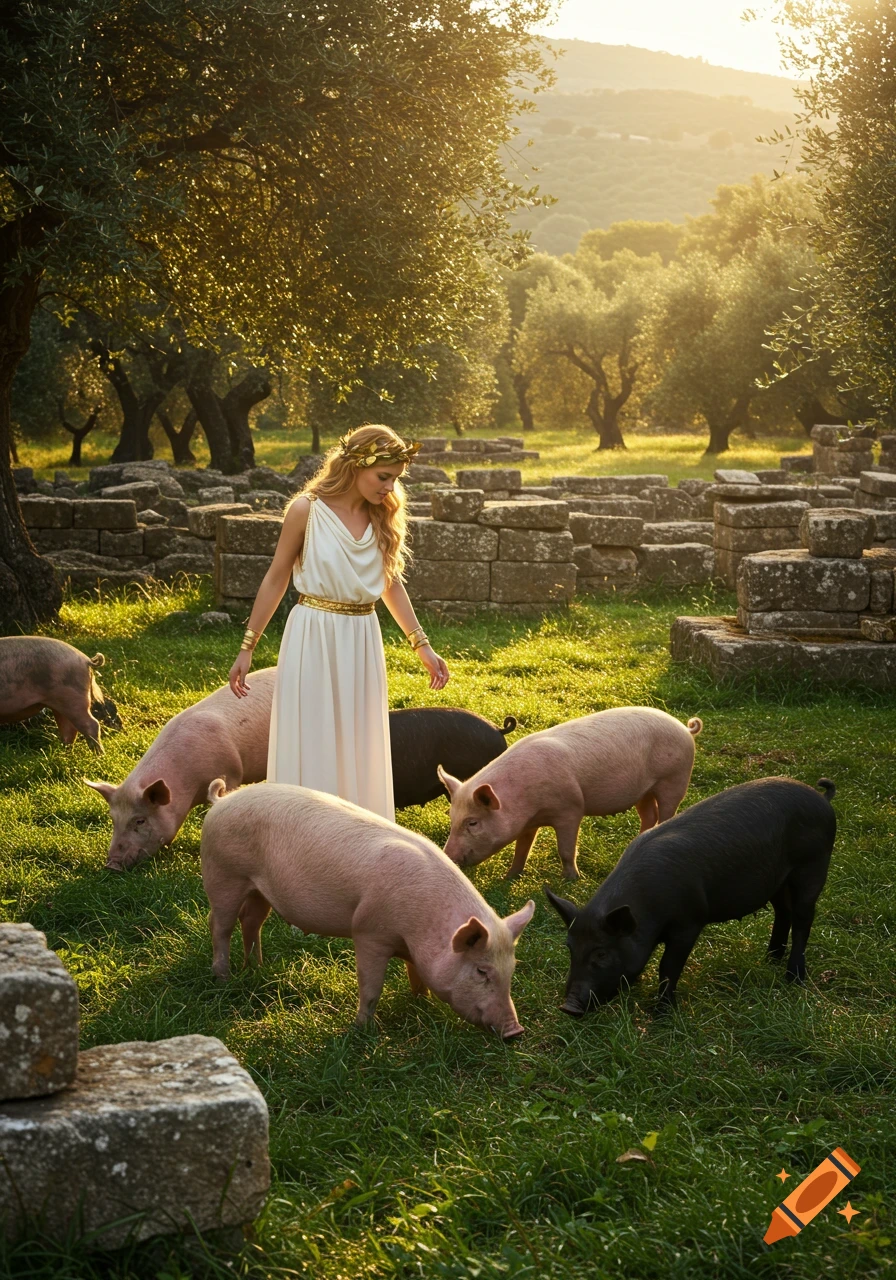 A photorealistic image of a Greek goddess in a white chiton and olive wreath, standing in ancient ruins among olive trees and pigs at golden hour.
