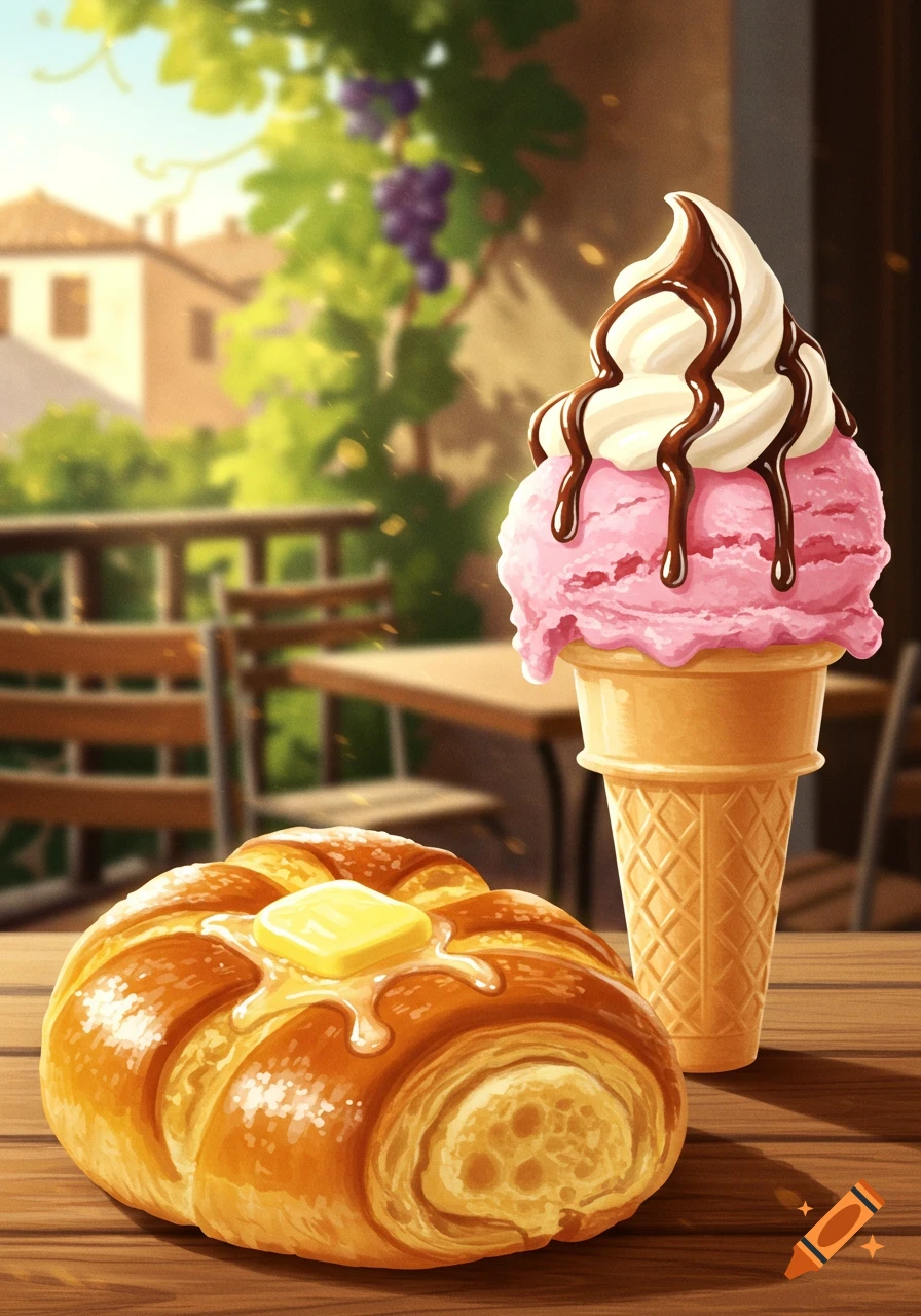 A colorful illustration of a butter bun with melting butter and a pink ice cream cone with chocolate syrup on a wooden table outdoors.