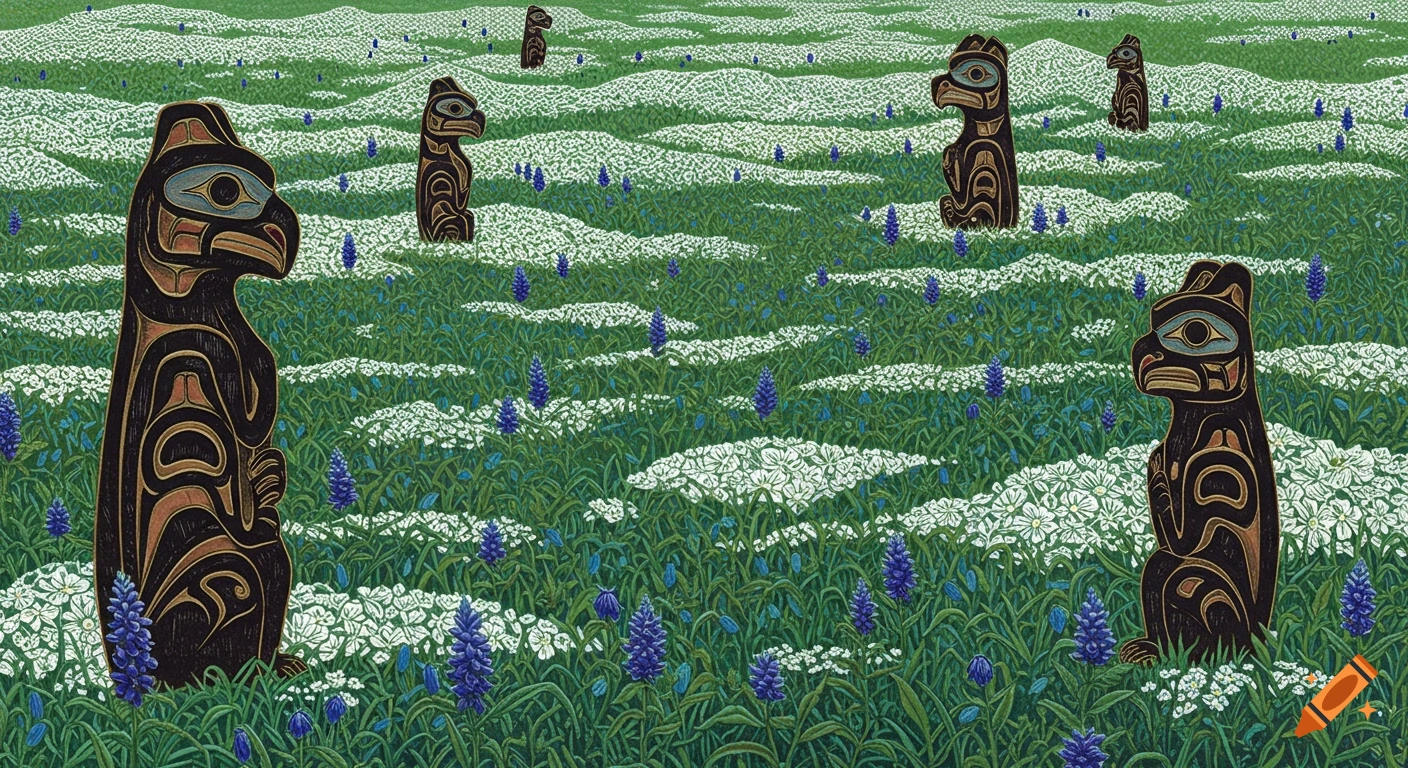 Stylized woodcut of Salish totem animals in a field of white lace flowers and blue wildflowers.